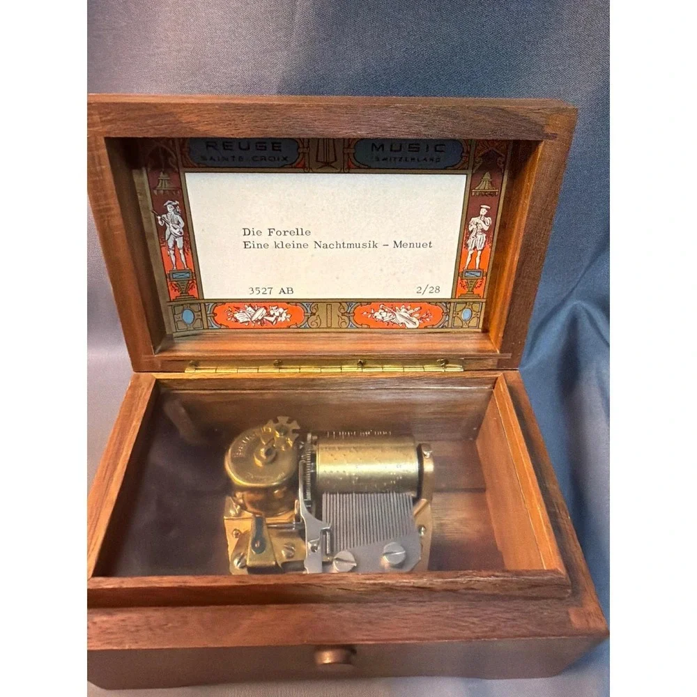 Vintage Reuge Swiss Music Box Wood Jewelry Case Die Forelle Nachtmusik 3527 AB